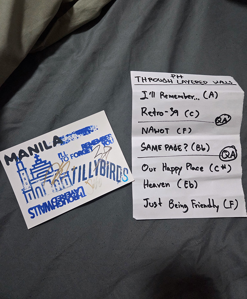 Postcard signed by Tilly Birds members and setlist from a Tilly Birds show in Manila